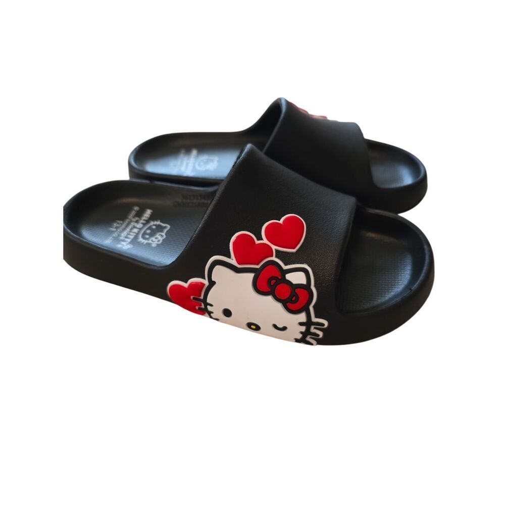 Hello Kitty Black Slide Sandals with Red Hearts - Kids